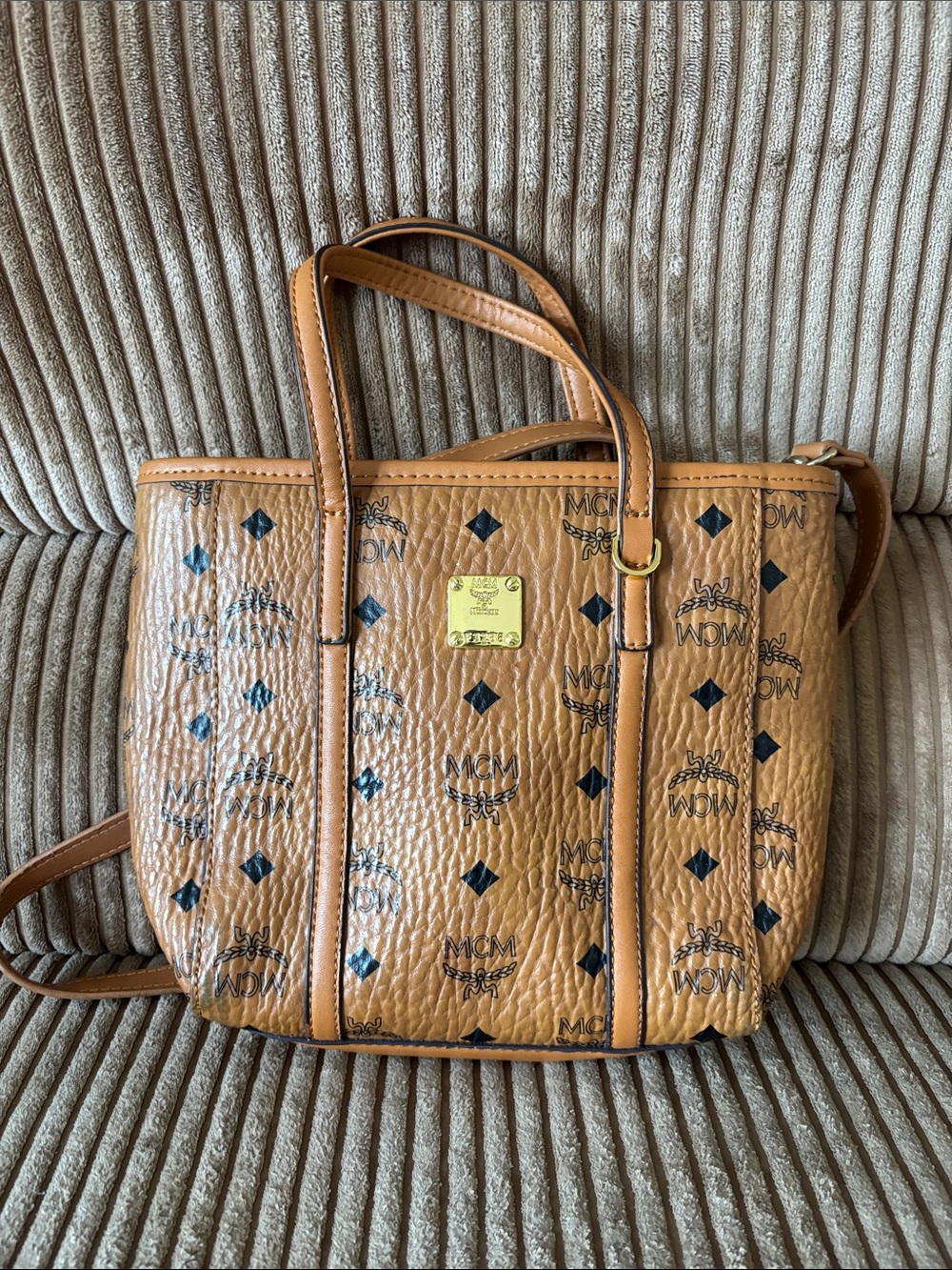 MCM Cognac Logo Visetos Mini Tote with Gold Plaque with adjustable straps